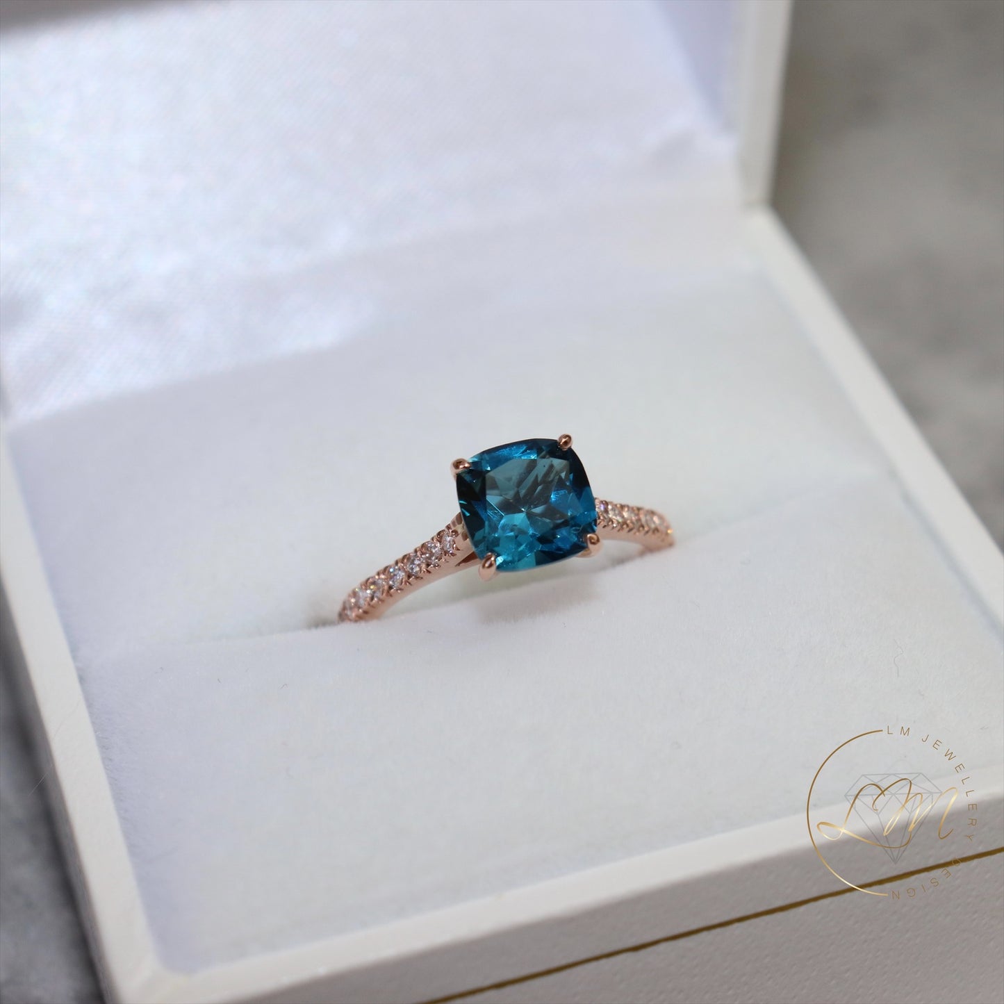 14ct Rose Gold London Blue Topaz & Diamond Ring
