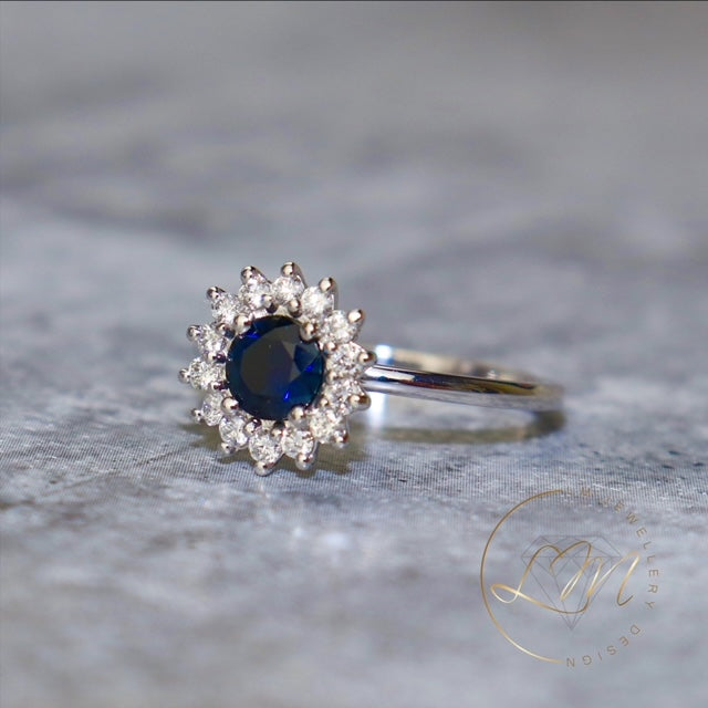14ct White Gold Dark Blue Sapphire & Diamond Ring