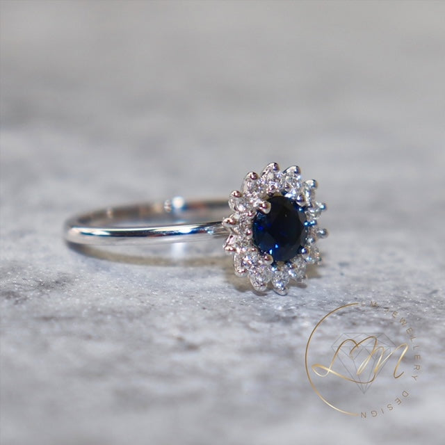 14ct White Gold Dark Blue Sapphire & Diamond Ring