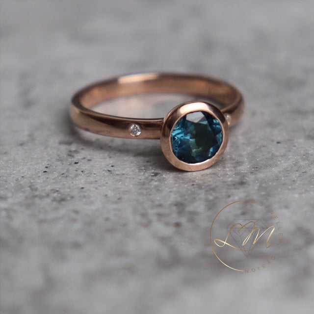 9ct Rose Gold London Blue Topaz & Diamond Ring