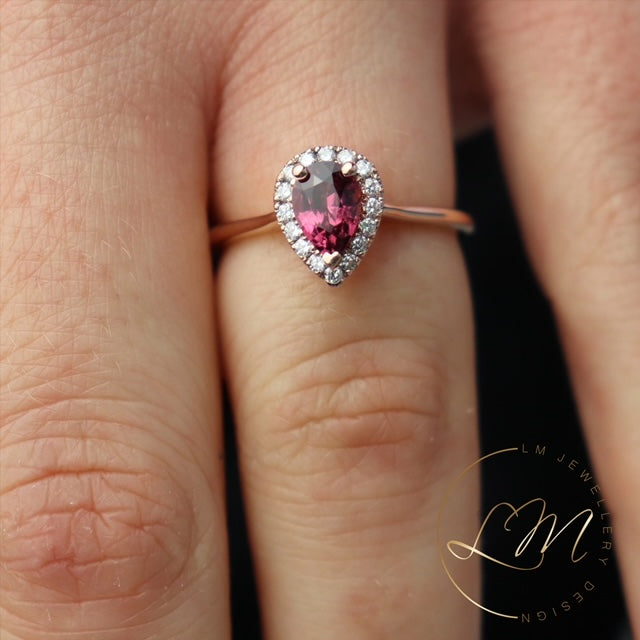 14ct Rose Gold Pear Spinel & Diamond Halo Ring